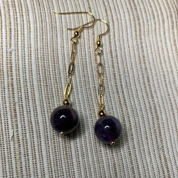 Artisan made amethyst earrings 18K gold plated paperclip chain NWT - Picture 1 of 4